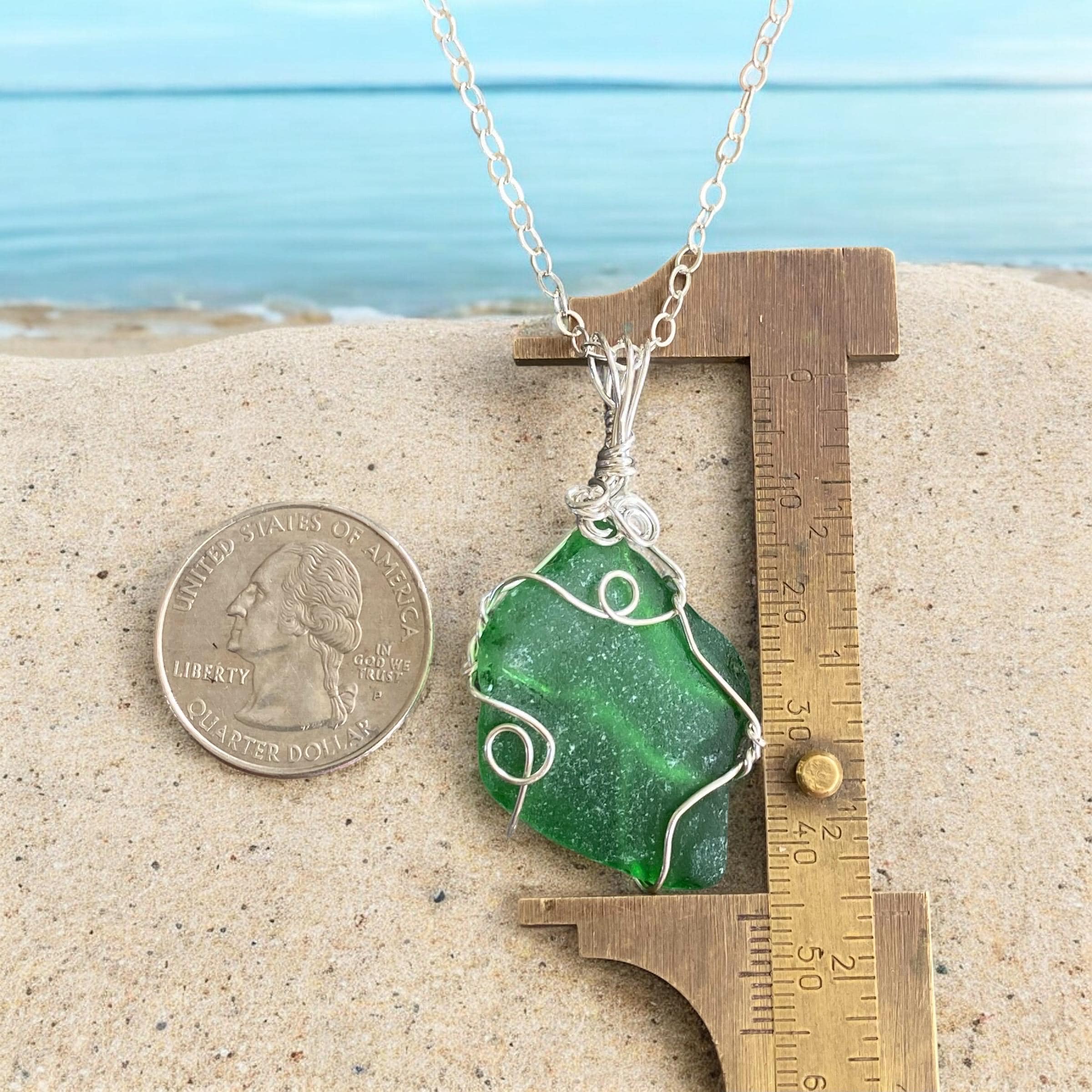Green Seaglass Pendant Necklace in  Sterling Silver, Wire Wrapped Beach Glass Necklacefor Beach Lovers, Natual Peridot Green Sea Glass