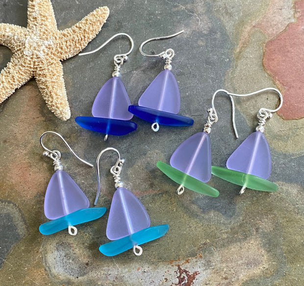 Sailboat Sea Glass Earrings, Periwinkle Sea Glass Earrings Sea Glass Earrings, Beach Wedding, Beach glass Dangle earrings, Sea Glass Jewelry
