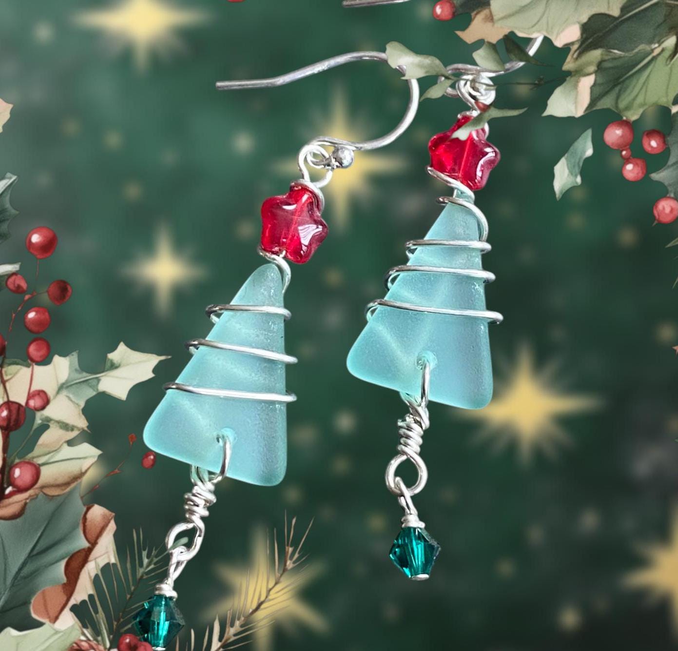 Christmas Tree Earrings, Sea Glass Christmas Dangle Earrings, Sterling Silver Holiday Christmas Earrings, Coastal Holiday Earrings