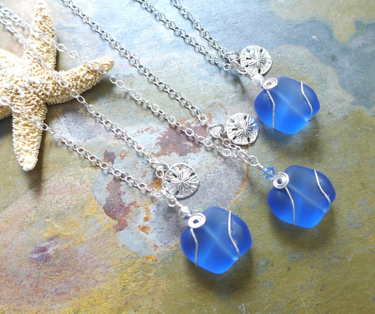 Beach Glass Necklace, Sky Blue Sea Glass Sand Dollar Necklace. Sea themed Charm Necklace, Beach Weddings, Bridesmaid Necklace/jewelry