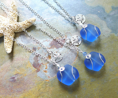 Beach Glass Necklace, Sky Blue Sea Glass Sand Dollar Necklace. Sea themed Charm Necklace, Beach Weddings, Bridesmaid Necklace/jewelry