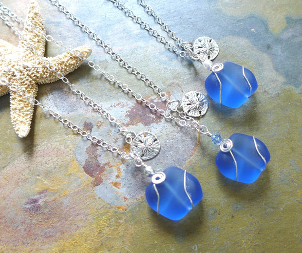 Beach Glass Necklace, Sky Blue Sea Glass Sand Dollar Necklace. Sea themed Charm Necklace, Beach Weddings, Bridesmaid Necklace/jewelry