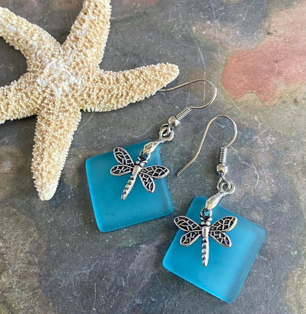 Dragonfly Sea Glass Earrings,Sea Beach Glass Dragonfly Earrings, Turquoise Blue Sea Glass Earrings, Dragonfly Earrings, Fantasy Earrings