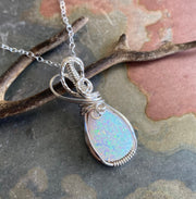 White Opal Necklace,STERLING Silver October Opal Birthstone Necklace,Wire Wrapped Lab Created White Opal Necklace,