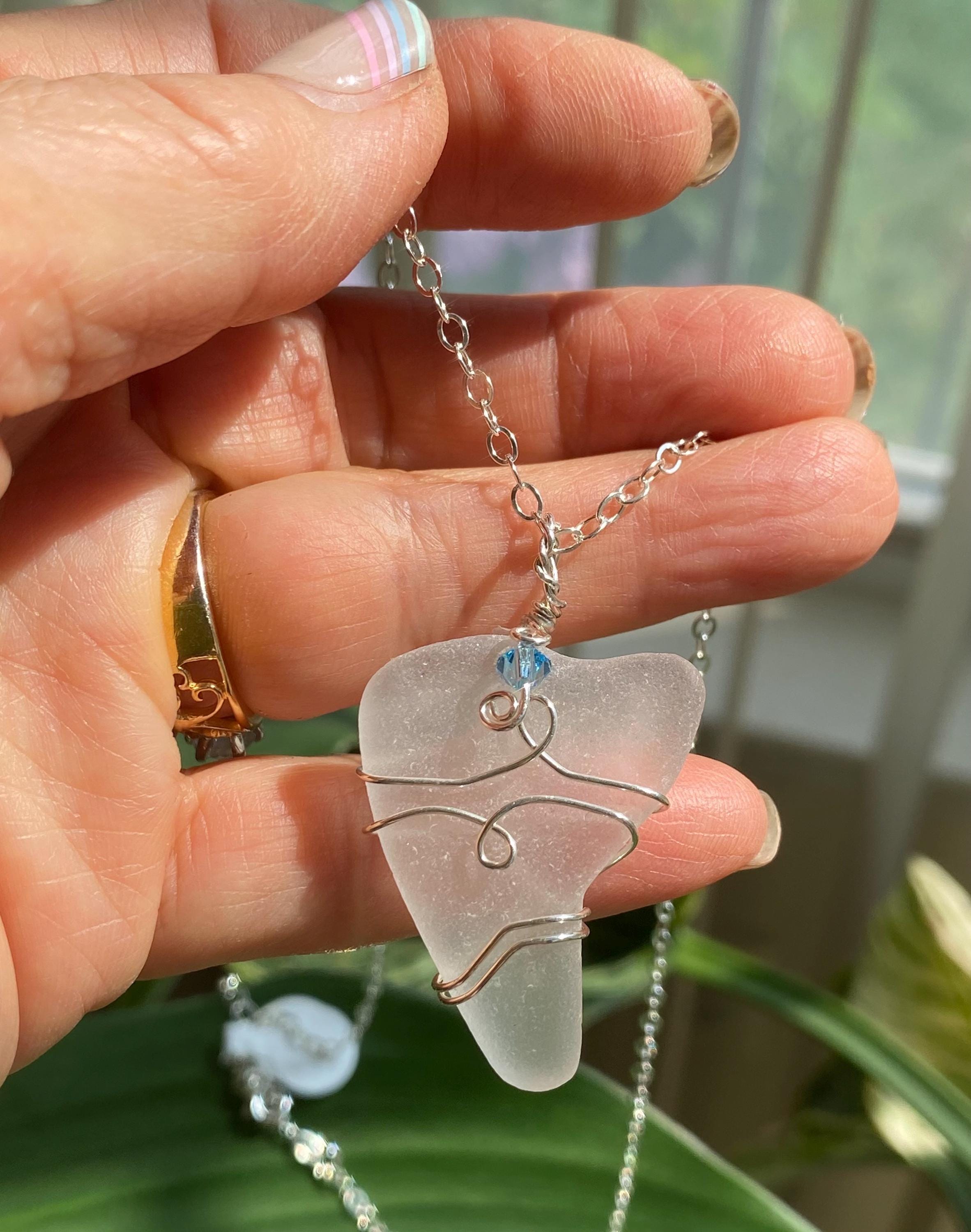 Genuine White Beach Glass Necklace, Wire Wrapped Naturally Tumbled Sea Glass Necklace, White Sea Glass Pendant Necklace in Sterling Silver