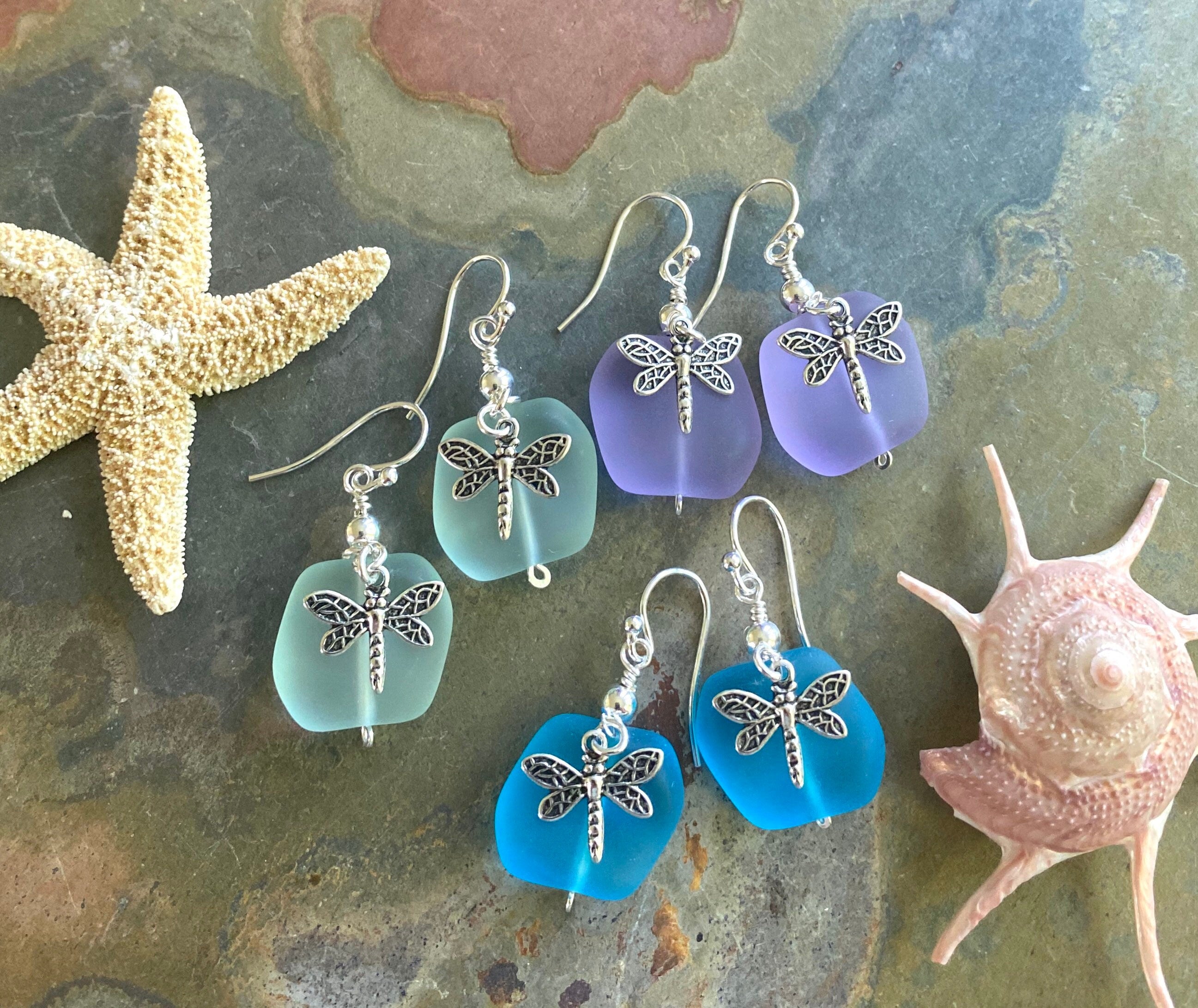 Sterling Silver Sea Glass Dragonfly Charm Earrings,Periwinkle SeaGlass Earrings, Beach Weddings,Blue earring, Green Sea glass Earrings,