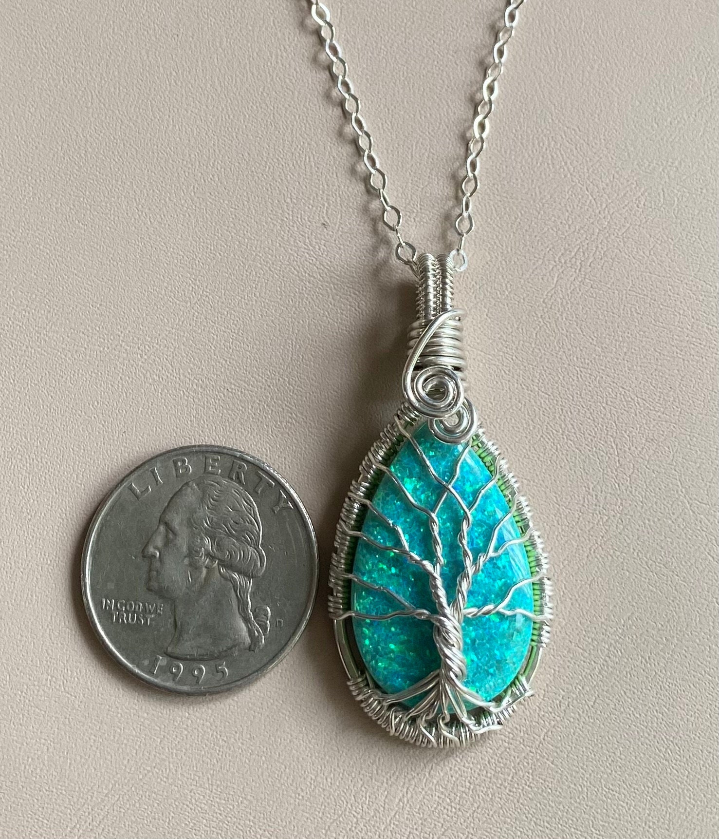 Ready Ship in 1 to 2 days, Aqua Blue  Opal Necklace, Lab Created Opal Tree of Life Jewelry,  October Birthstone Jewelry,