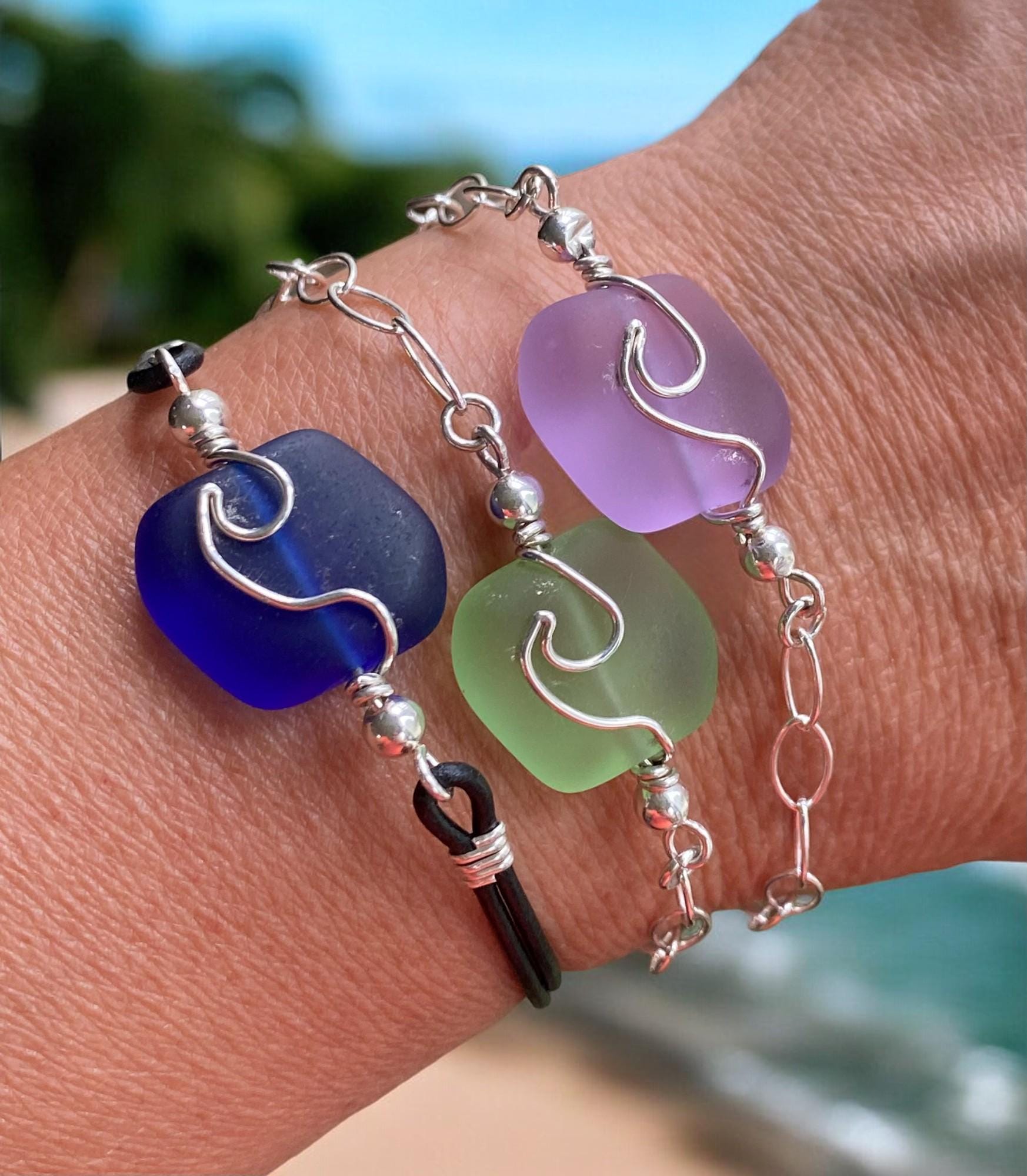 Sterling Silver & Leather Sea Glass Bracelet, Beach Glass Ocean Wave Bracelet, Ocean Wave Bracelet ,Beach Jewelry, Nautical Bracelet,