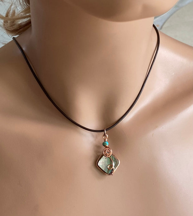 Abalone Necklace, Wire Wrapped Abalone Pendant in Copper, Abalone Jewelry, Rainbow Abalone Necklace, Necklace for Women, Summer Necklace