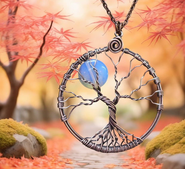 Blue Opalite Full Moon Tree of Life Pendant in Antiqued copper - Wire Wrapped Full Moon Tree of Life Pendant Necklace, Opalite Moon Tree