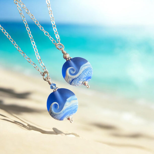 Wave Lampwork  Necklace in .925 Sterling Silver, Ocean Wave Necklace, Blue Beach Wave Sea Glass Necklace, Nautical Sea Glass Jewelry for Her