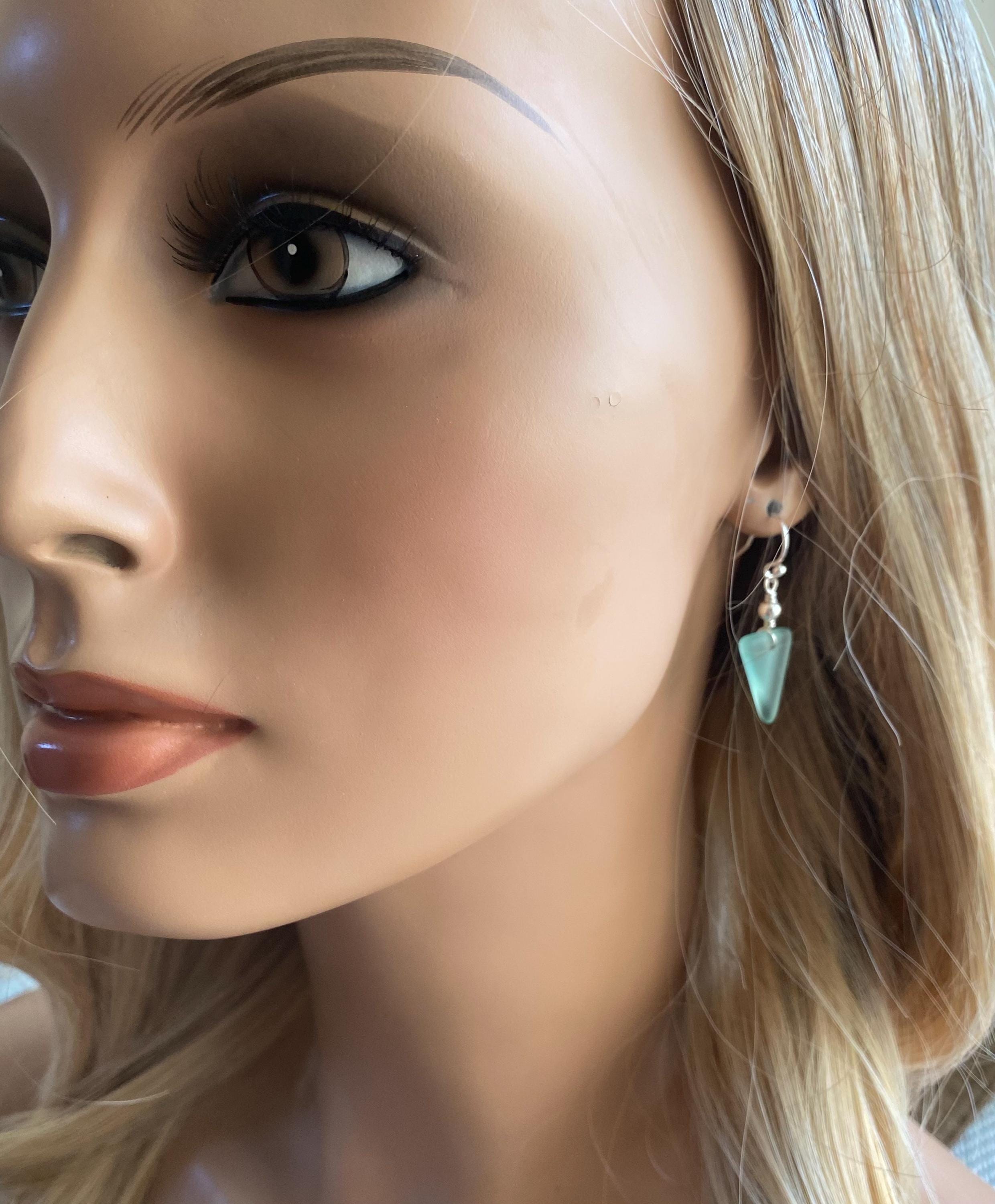 Seafoam Sea glass Triangle designed Earring in Sterling Silver, Wire Wrapped Sea Glass Earrings, Everyday Casual Dangling  Earrings,
