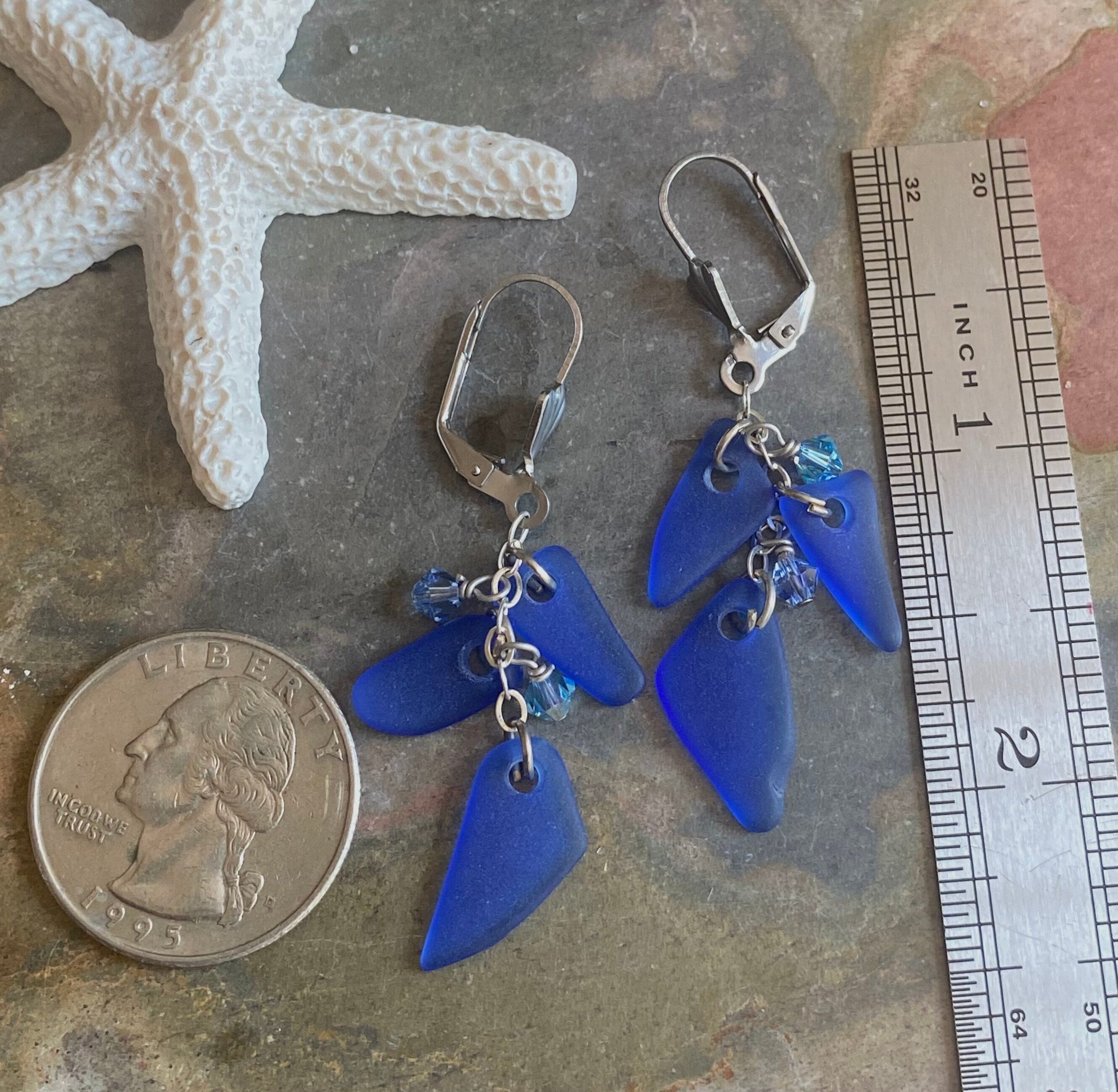 Blue Sea Glass Earrings in Sterling Silver, Blue Sea Glass Dangle Earrings, Beach Weddings, Blue earrings, Cobalt Sea glass Earrings,
