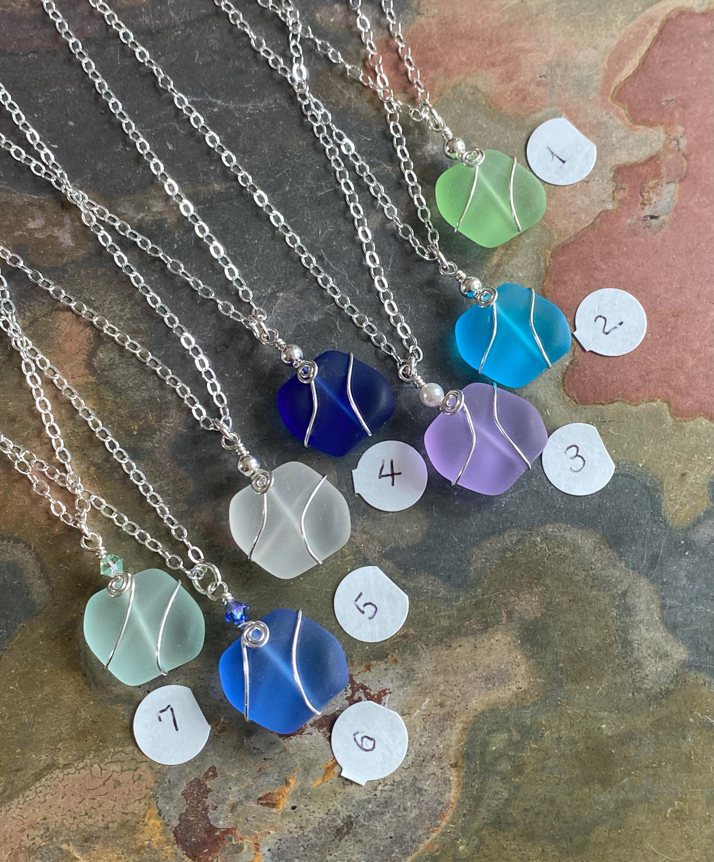 Sea Glass Pendant Necklace, Wire Wrapped Beach Glass Necklace, Sterling Silver Sea Glass, Blue, Green, Periwinkle & White Sea Glass Necklace