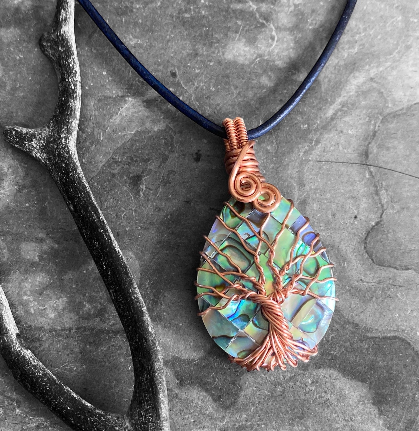 Frameless Abalone Necklace, Wire Wrapped Abalone Pendant,Abalone Tree of Life Necklace  Leather,Abalone Necklace Copper,Paua Shell Jewelry