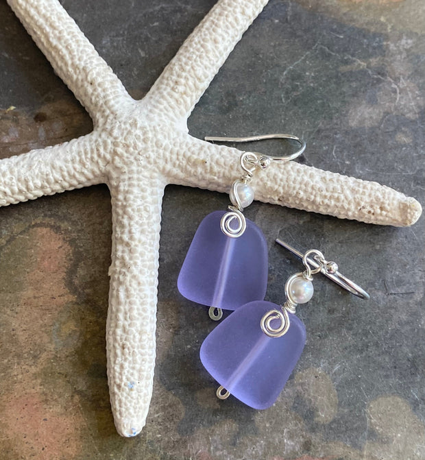 Periwinkle Sea Glass Earrings in STERLING SILVER, Sea Glass Earrings,Beach Weddings, Beach Glass Jewelry, Wired Sea glass Earrings,