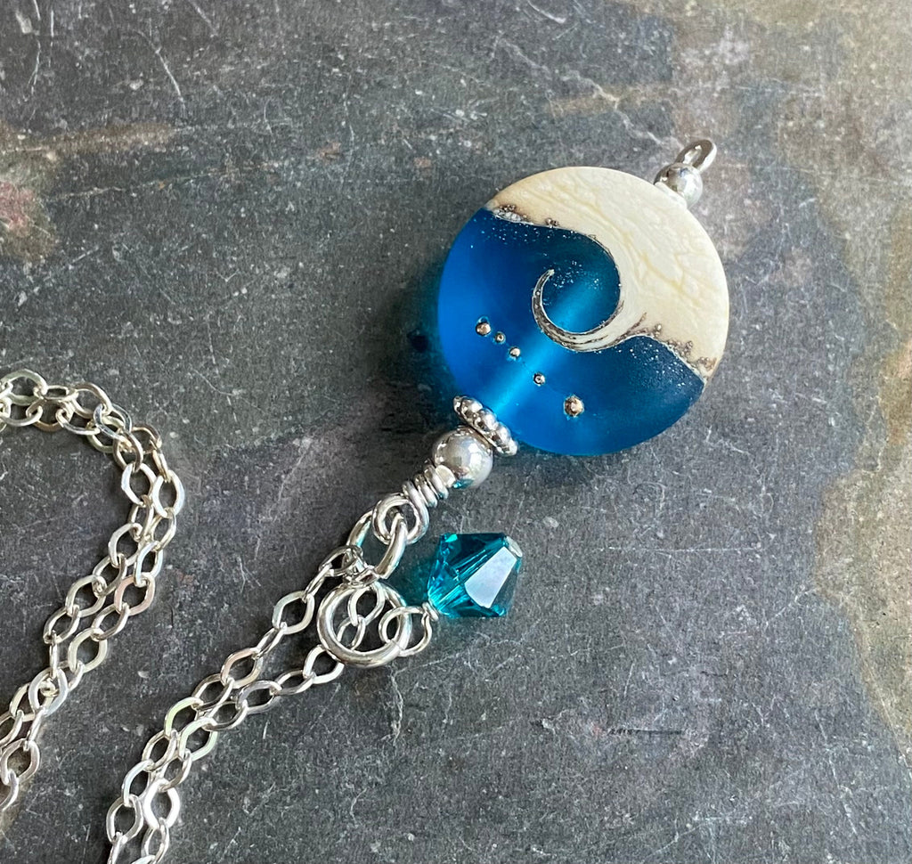 Blue Beach Wave Necklace in .925 Sterling Silver, Ocean Wave Necklace, Blue Beach Wave Sea Glass Necklace ,Wave Lampwork Pendant Necklace
