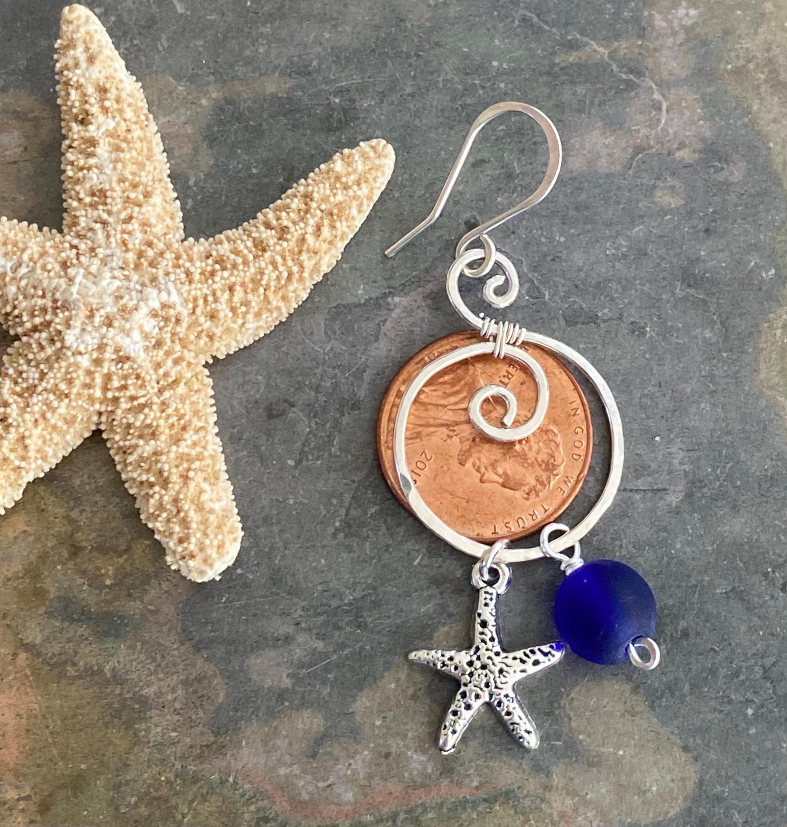 Blue Sea Glass Starfish Silver Charm Dangling Earrings, Spiral Design Sea Glass Nautical Design Earrings, Coastal Ocean Theme Earrings