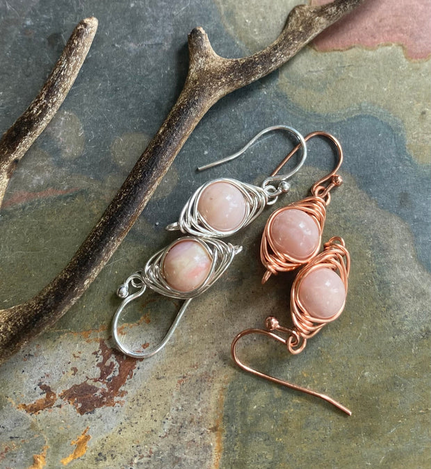 Pink Peruvian Opal Earrings in Sterling Silver/Copper wires, Wire Wrapped Pink Opal Dangling Earrings, Opal Earrings for October Birthday