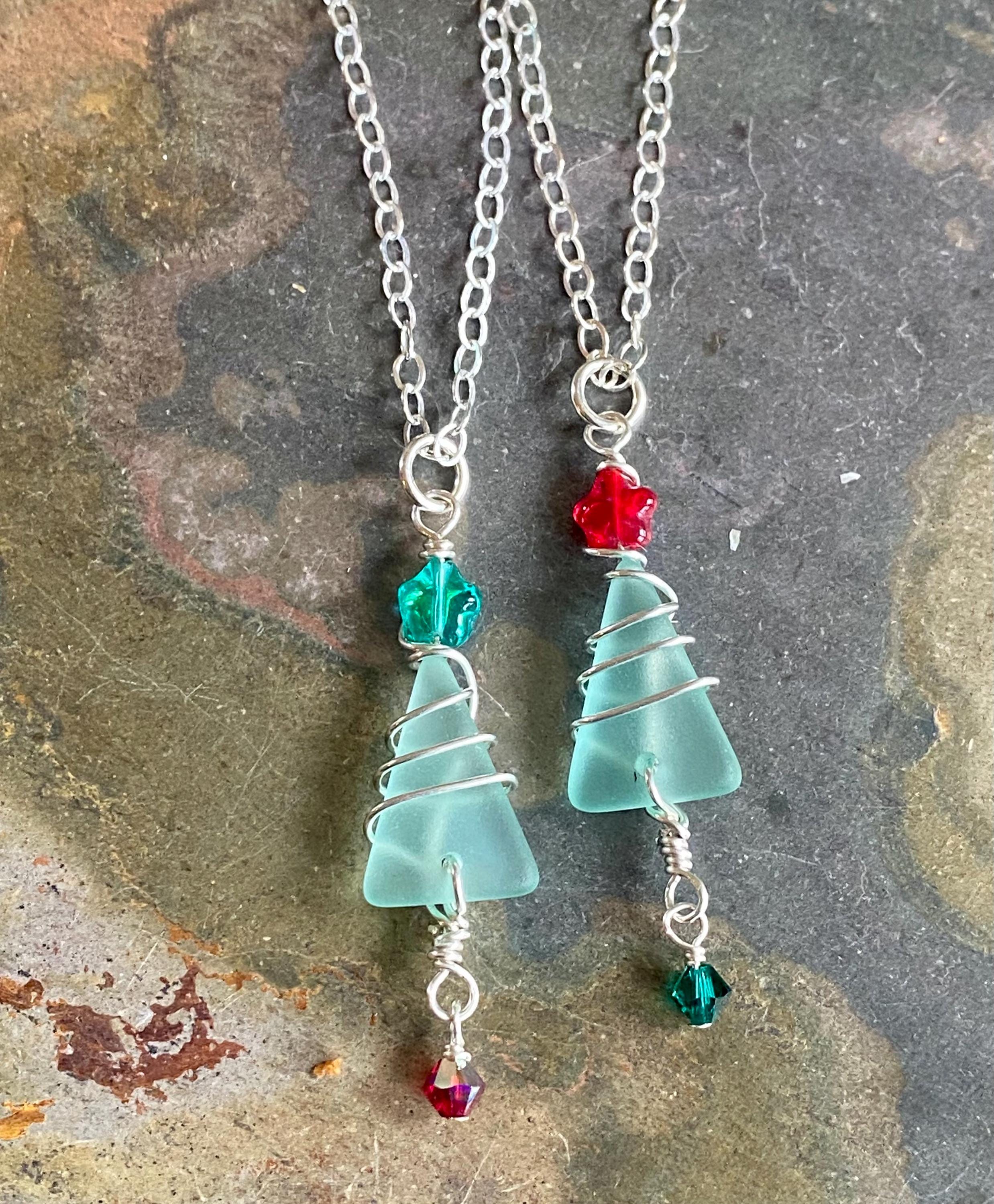 Sterling Silver Wired Christmas Tree Necklace, Sea Glass Christmas Tree Necklace, Holiday Jewelry, Holiday Gifts for Her, Coastal Holiday