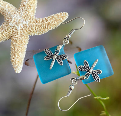 Dragonfly Sea Glass Earrings,Sea Beach Glass Dragonfly Earrings, Turquoise Blue Sea Glass Earrings, Dragonfly Earrings, Fantasy Earrings