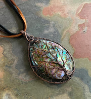 Wire Wrapped Rainbow Abalone Necklace in Antiqued Copper WHOLE PIECE, Abalone Shell Pendant, Abalone Shell Tree of Life Copper Necklace,