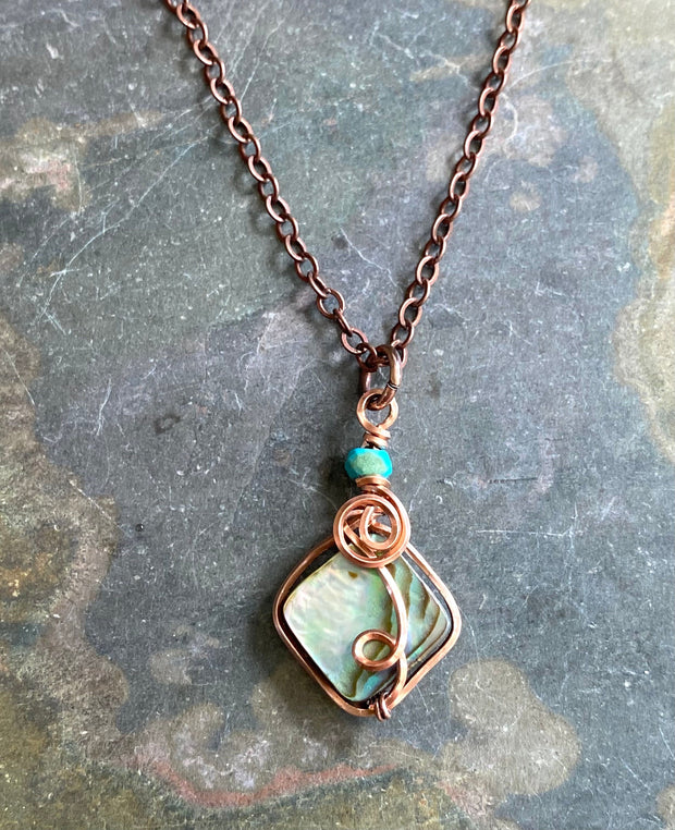 Abalone Necklace, Wire Wrapped Abalone Pendant in Copper, Abalone Jewelry, Rainbow Abalone Necklace, Necklace for Women, Summer Necklace