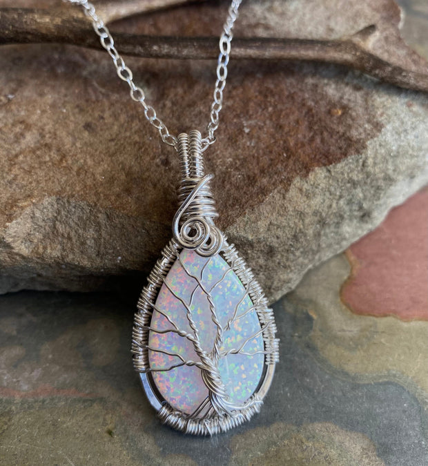 White Opal Pendant Necklace, STERLING SILVER  Opal Necklace, October Birthstone Necklace, Opal Tree of Life Necklace