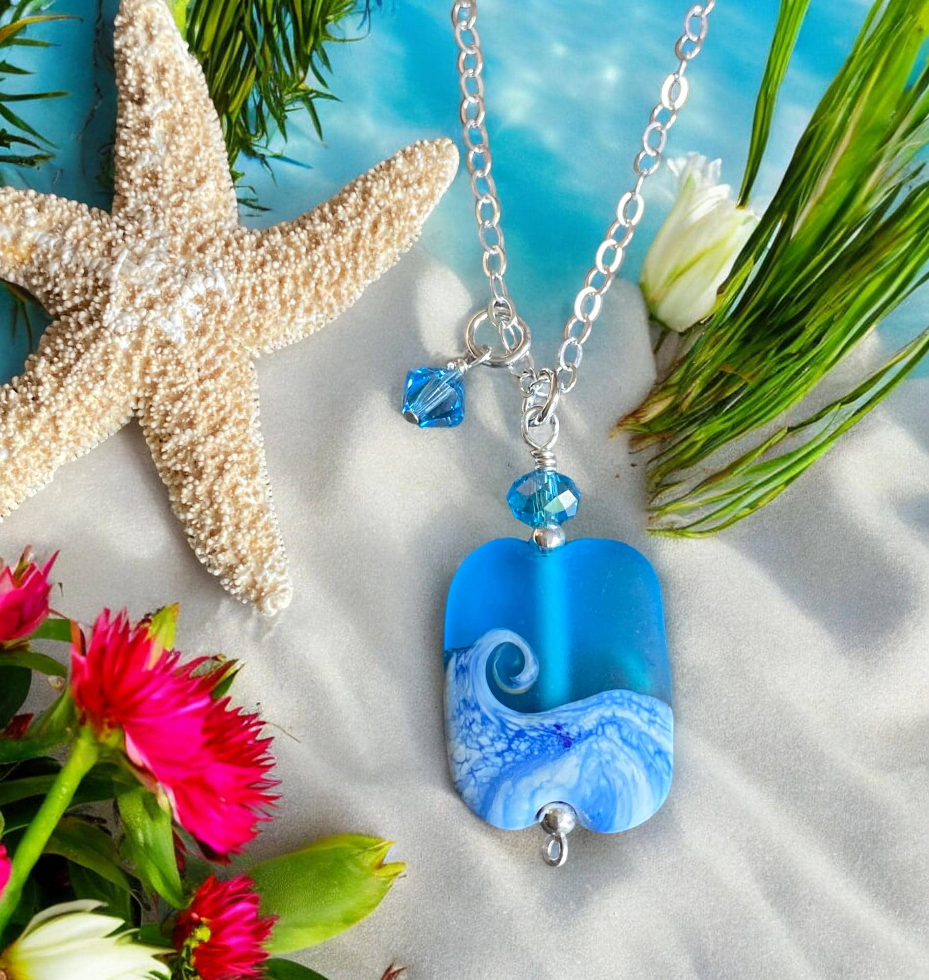 Ocean Beach Wave Necklace, Blue Beach Wave Necklace,Ocean Wave Lampwork Pendant, Beach Wave Jewelry, Blue Sea Glass Necklace sterling silver