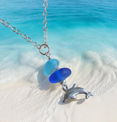 Dolphin Charm Sea Glass Necklace, Beach Glass Pendent with Dolphin charm Jewelry, Gift Idea for Ocean Theme Coastal Style Marine Jewelry