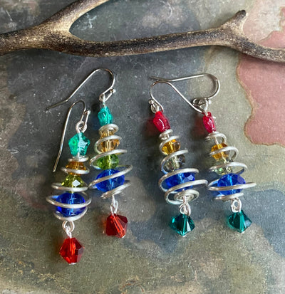 READY to  SHIP in 1 to 2  days, Christmas Tree Earrings, Wired Christmas Earrings, Swirled Christmas Tree dangling Earrings, Holiday jewelry