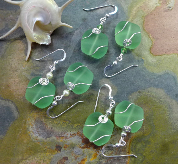 Green Beach Glass Earrings in Sterling Silver Earwires, May Birthstone Sea Glass Earrings, Green sea glass dangle earrings, Beach Earrings