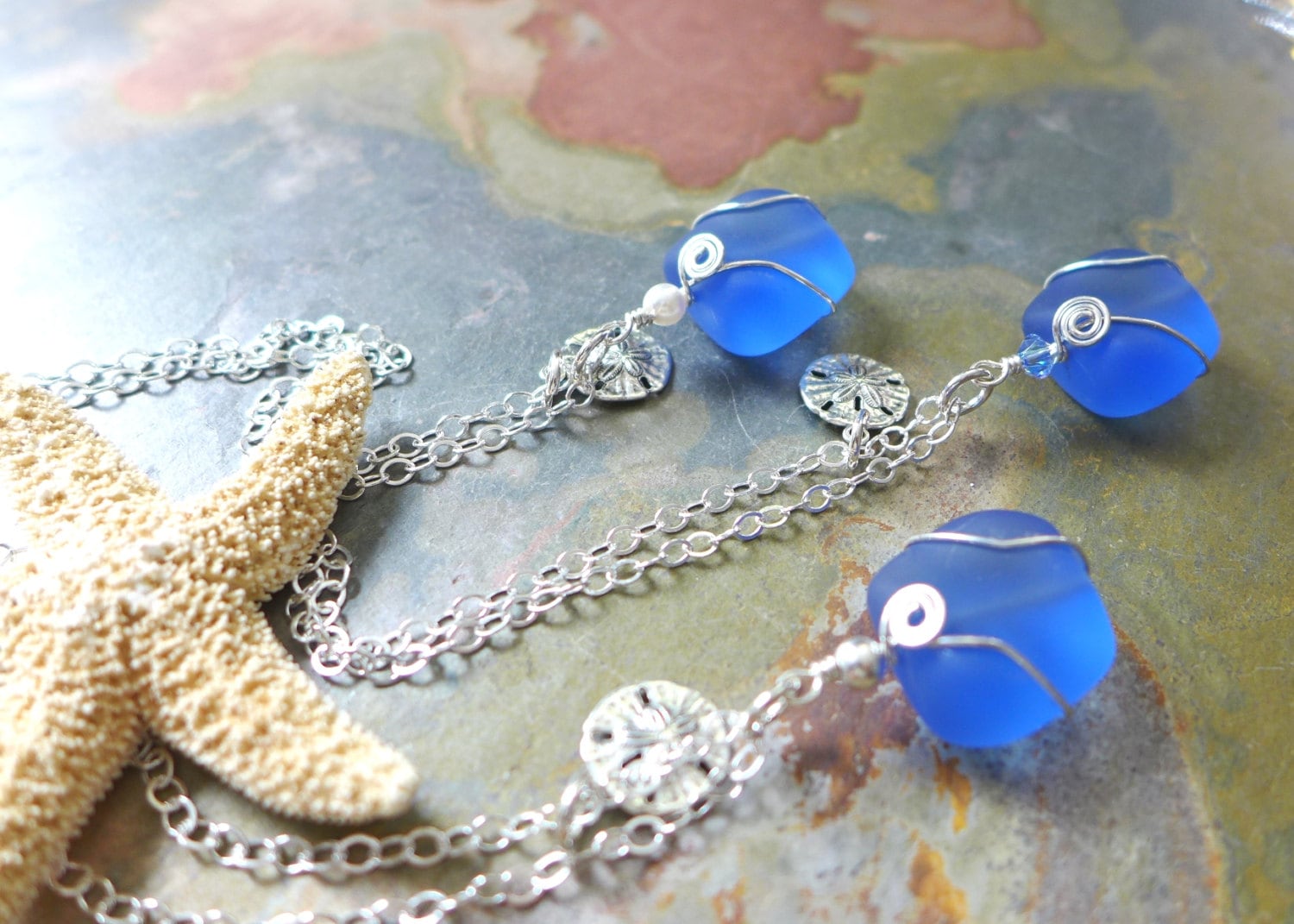 Beach Glass Necklace, Sky Blue Sea Glass Sand Dollar Necklace. Sea themed Charm Necklace, Beach Weddings, Bridesmaid Necklace/jewelry