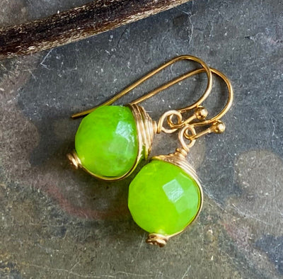 Jade Earrings in Gold, Wire Wrapped Lime green color Jade Earrings,Wire Wrapped dangle  Earrings  Wire wrapped Jade Earrings,