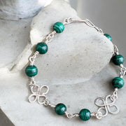 Clover Bracelet Malachite in Sterling Silver, Wire Wrapped Celtic Clover Bracelet,