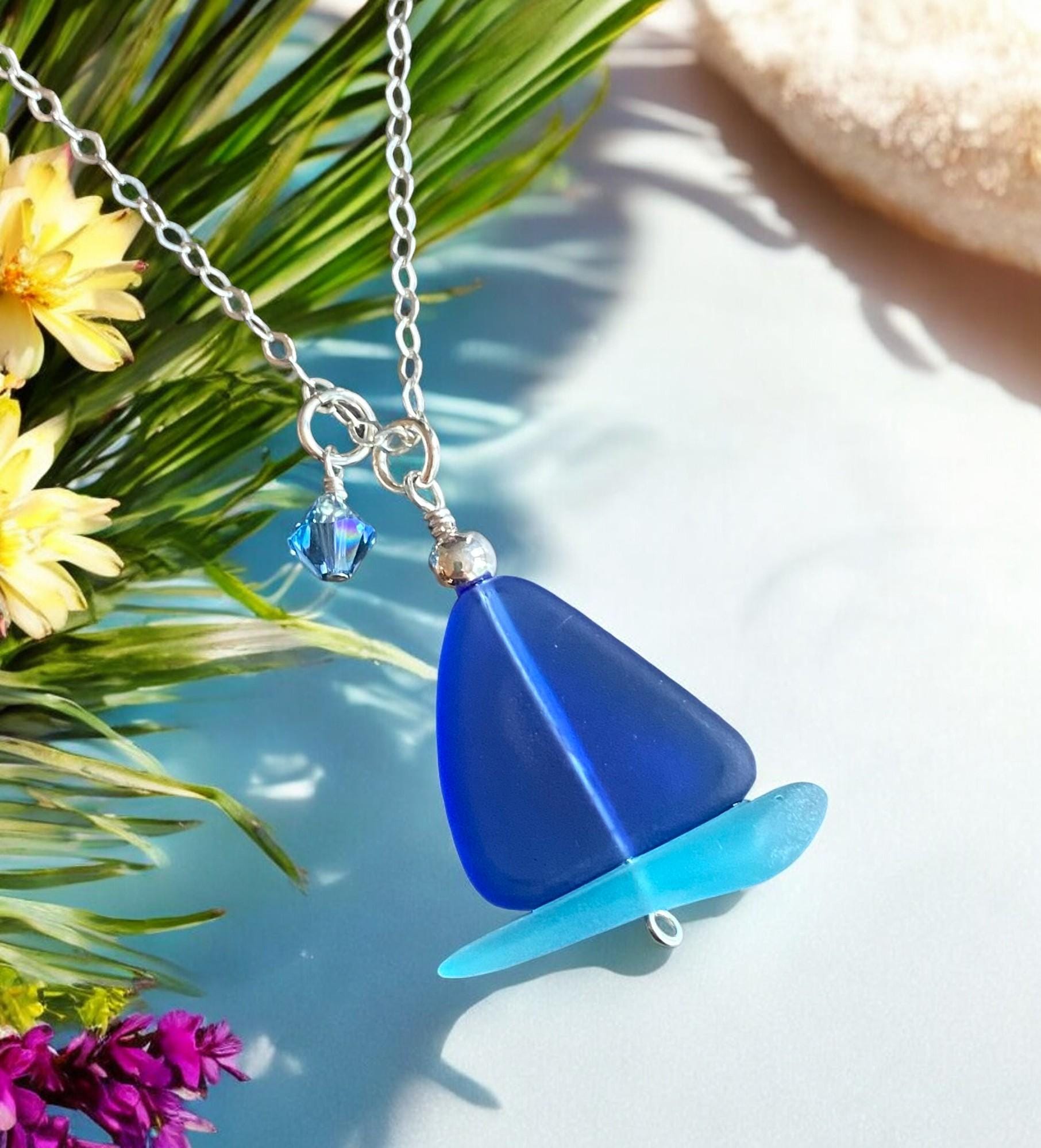 Handmade Sail Boat Blue Sea Glass Necklace in Sterling Silver, Blue Sea Glass Necklace, Beach-inspired blue sea glass Sail Boat Necklace