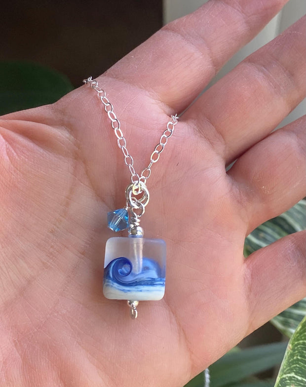 Ocean Beach Wave Necklace, Blue Beach Wave Necklace,Ocean Wave Lampwork Pendant, Beach Wave Jewelry, Blue Sea Glass Necklace sterling silver