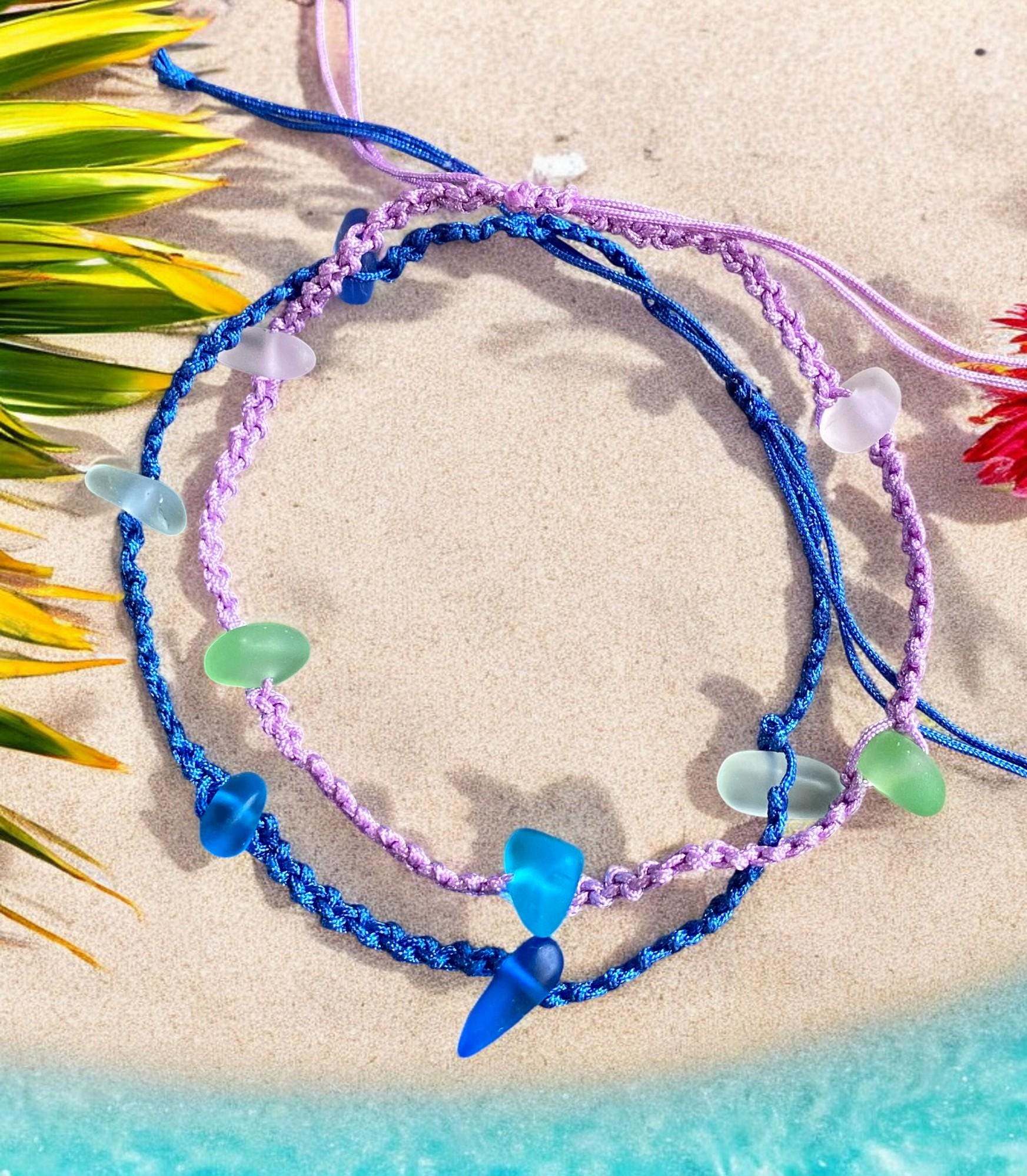 Adjustable Sea Glass Macrame Anklets, Sea Glass Ankle Bracelet, Blue Green Ankle Bracelet, Nautical Sea Glass Bracelet, Sea Glass Jewelry