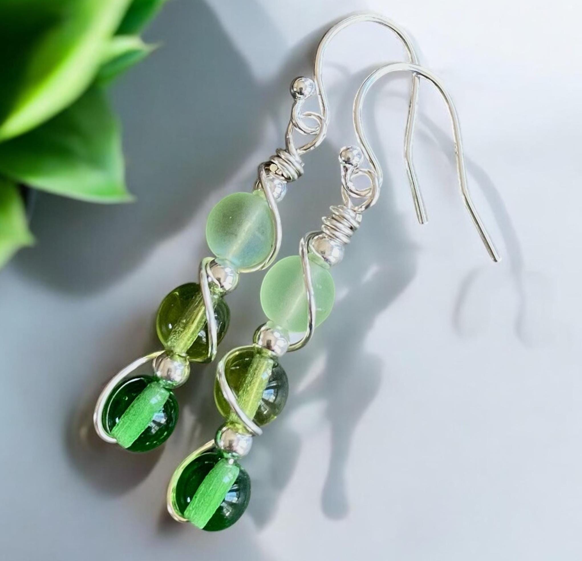 Wire wrapped Sea Glass Jewelry in Sterling Silver, Sea Glass Silver Earrings, Dangling Earrings ,Beach Weddings, Sea Glass  earrings
