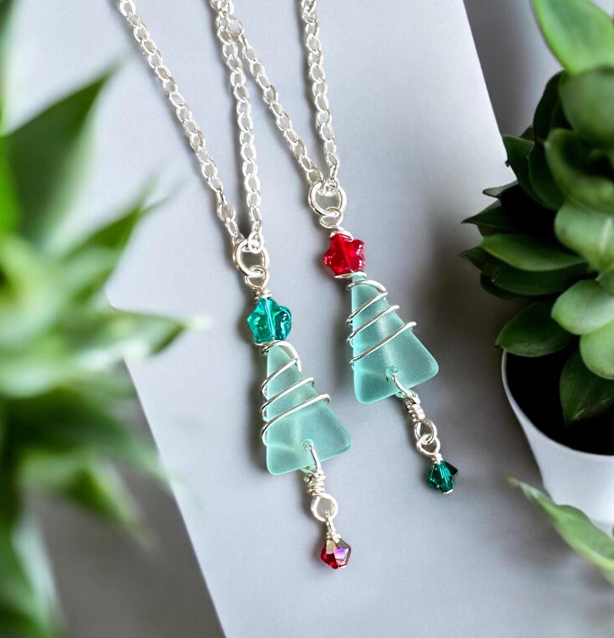 Sterling Silver Wired Christmas Tree Necklace, Sea Glass Christmas Tree Necklace, Holiday Jewelry, Holiday Gifts for Her, Coastal Holiday