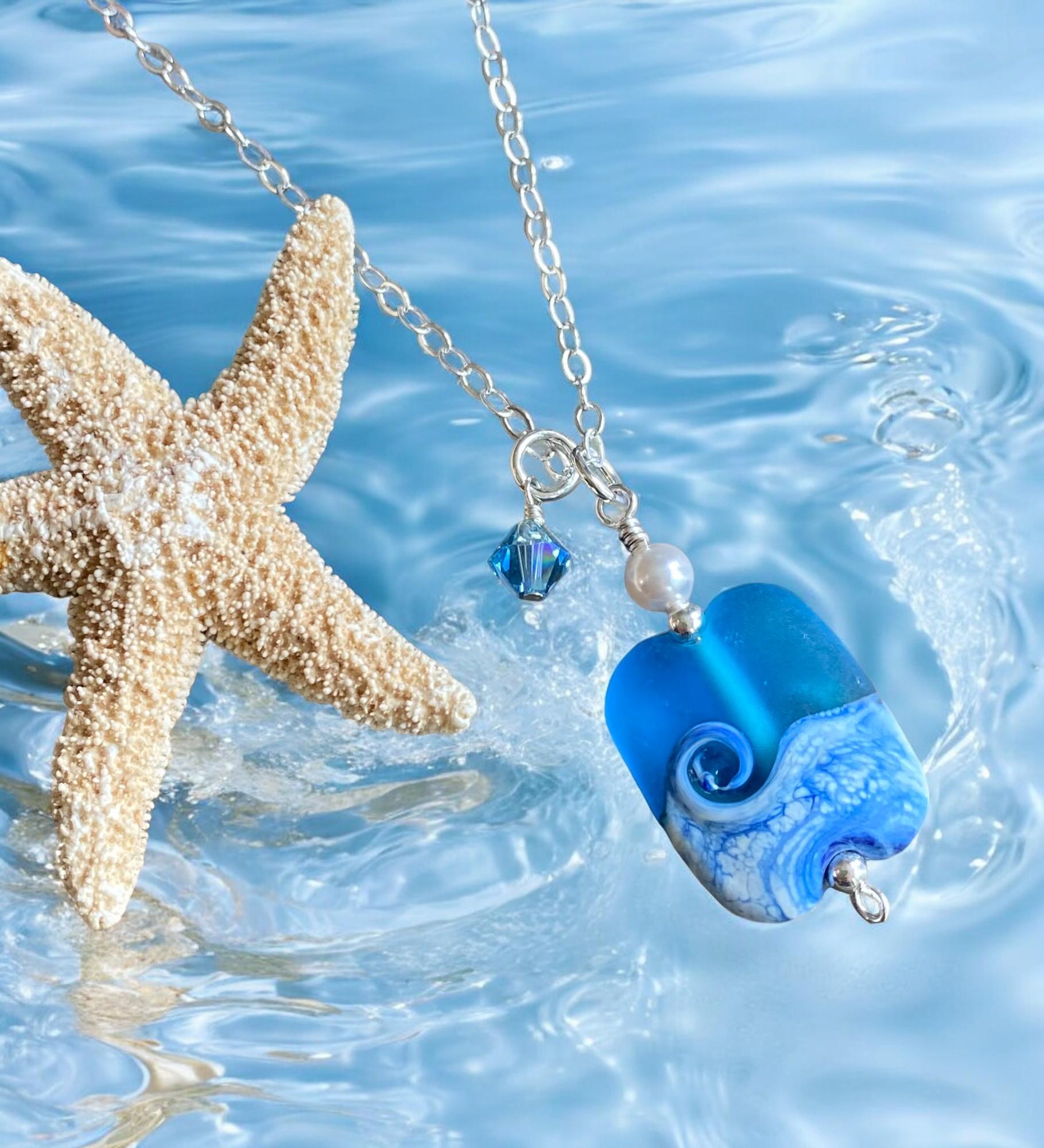 Wave Necklace, Lapmwork Ocean Wave Necklace, Blue Beach Wave Necklace, Beach Wave Jewelry, Blue Sea Glass Necklace sterling silver