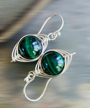 May Birthstone Malachite Earrings in Gold, Hand Wire Wrapped Malachite Dangling Earrings in Natural Copper, Green Malachite Gold Jewelry,