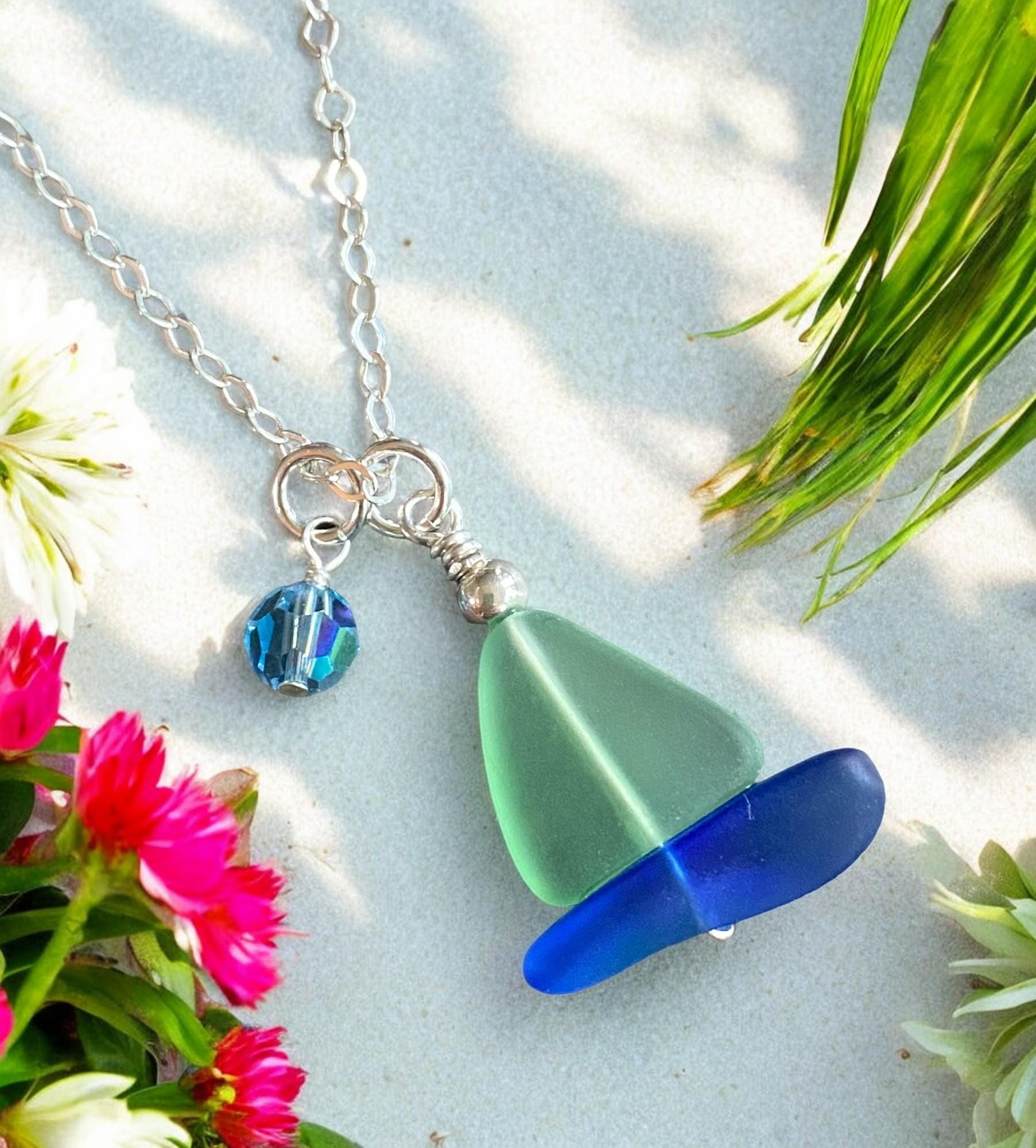 Sailboat Necklace, STERLING SILVER Peridot Green Beach Glass Sailboat Necklace, Green Sea GlassN ecklace, Nautical Sailboat Necklace