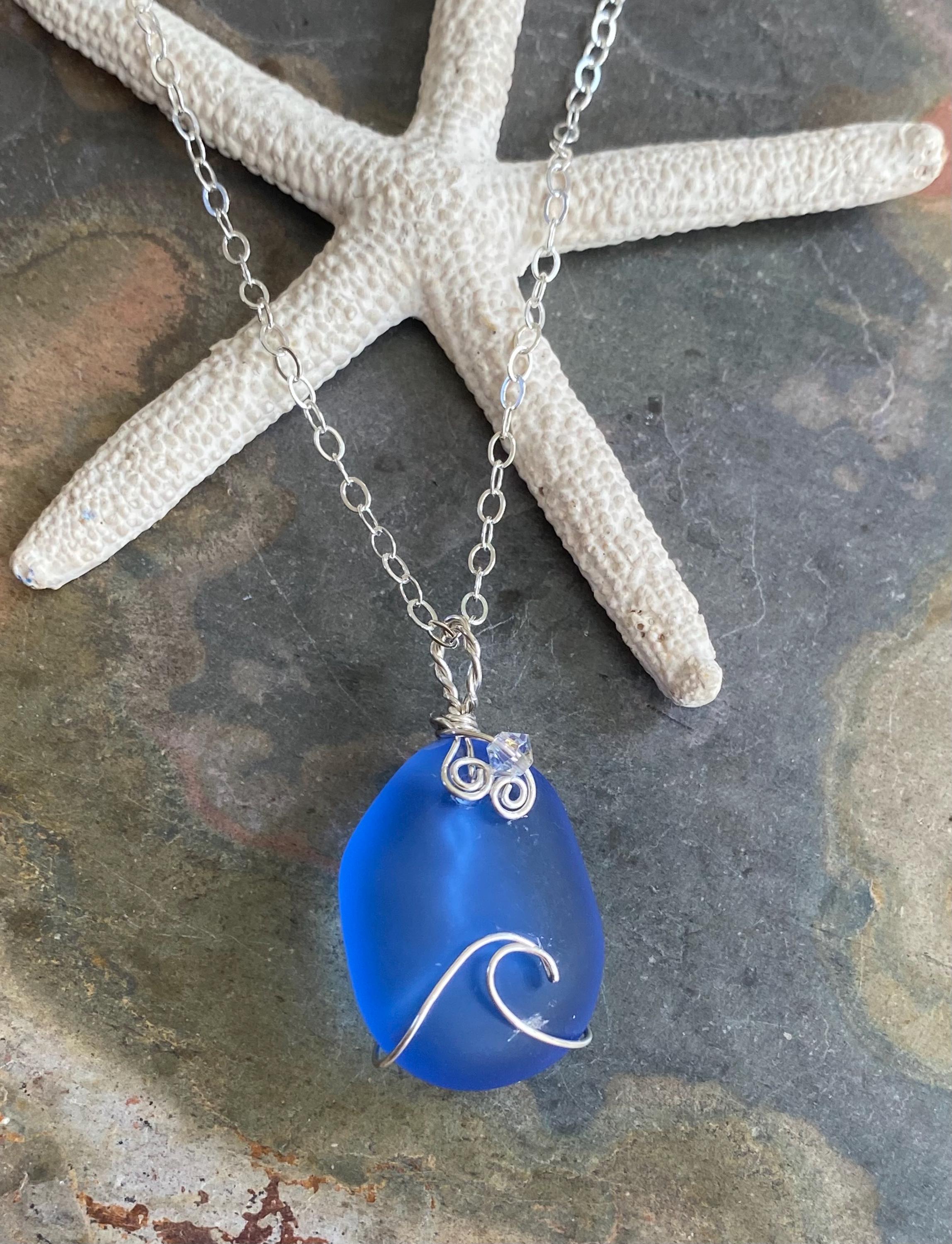 Blue Wave Necklace, Blue Sea Glass Wave necklace, Seaglass Pendant Wave Design Sterling Silver Wire Necklace,Beach Style Ocean Wave Swirl