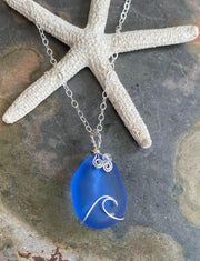 Blue Wave Necklace, Blue Sea Glass Wave necklace, Seaglass Pendant Wave Design Sterling Silver Wire Necklace,Beach Style Ocean Wave Swirl