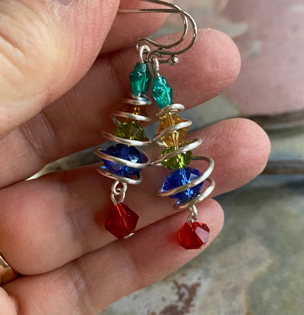 READY to  SHIP in 1 to 2  days, Christmas Tree Earrings, Wired Christmas Earrings, Swirled Christmas Tree dangling Earrings, Holiday jewelry