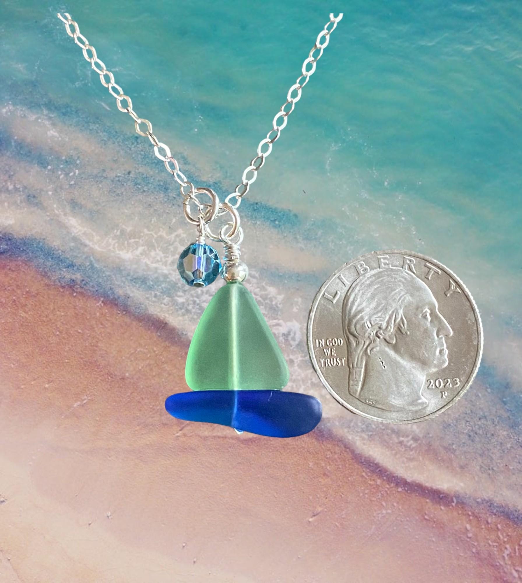 Sailboat Necklace, STERLING SILVER Peridot Green Beach Glass Sailboat Necklace, Green Sea GlassN ecklace, Nautical Sailboat Necklace