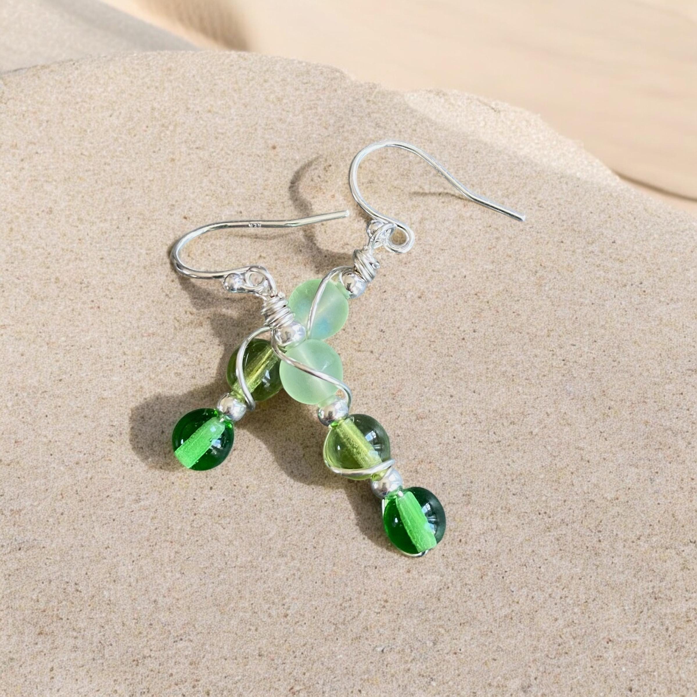 Wire wrapped Sea Glass Jewelry in Sterling Silver, Sea Glass Silver Earrings, Dangling Earrings ,Beach Weddings, Sea Glass  earrings