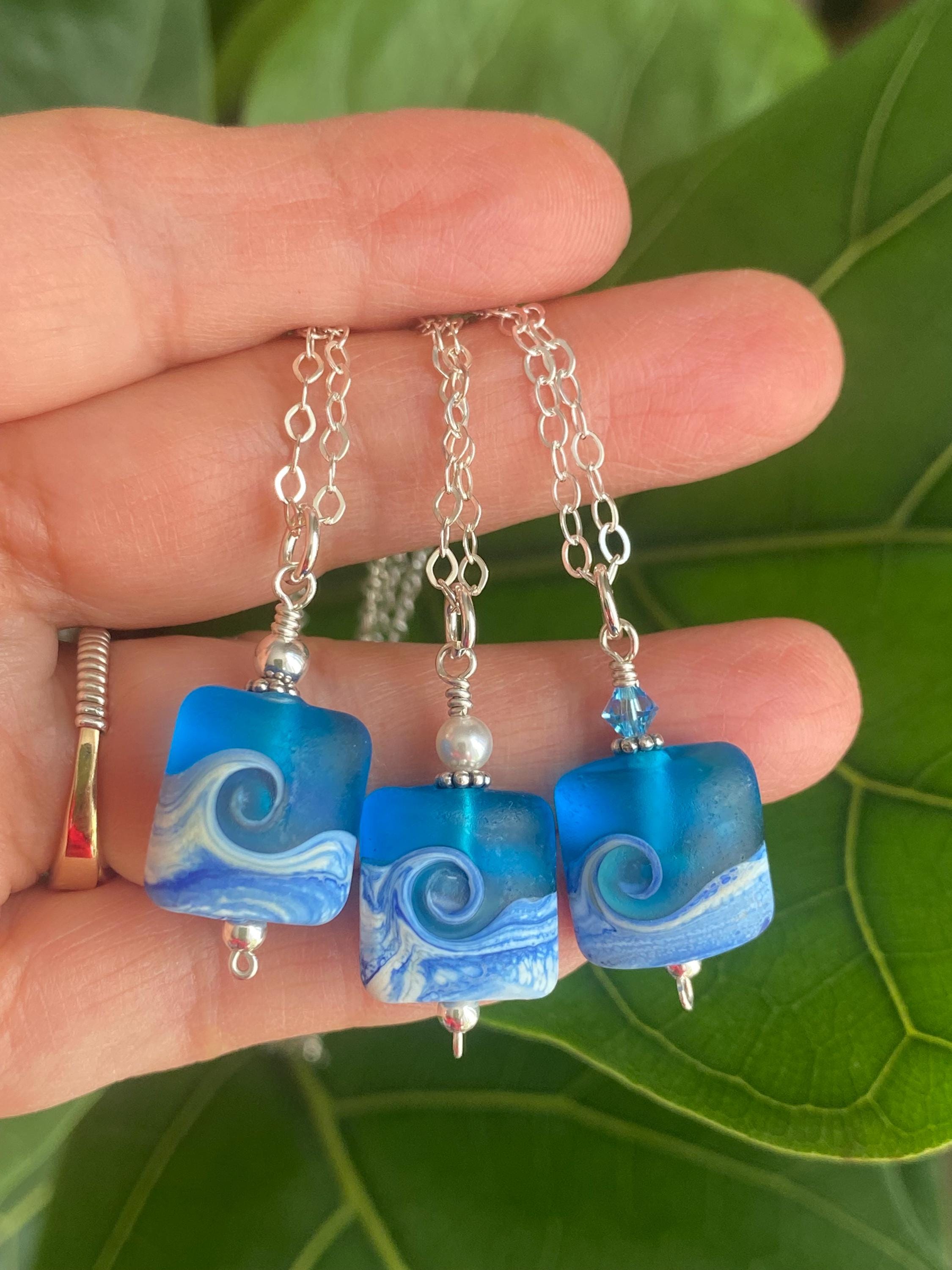 Ocean Beach Wave Necklace, Blue Beach Wave Necklace,Ocean Wave Lampwork Pendant, Beach Wave Jewelry, Blue Sea Glass Necklace sterling silver