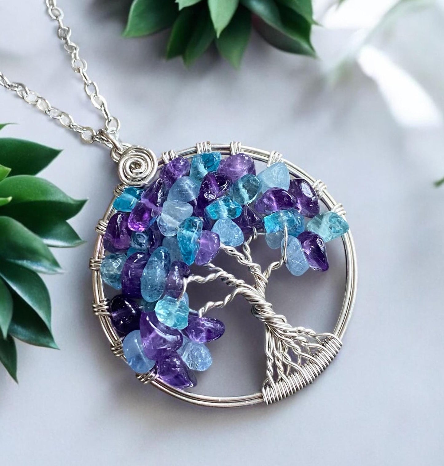 Birthstone Tree of Life necklace with amethyst and aquamarine, Amethyst and Aquamarine Tree of Life, Customizable Tree of Life necklace